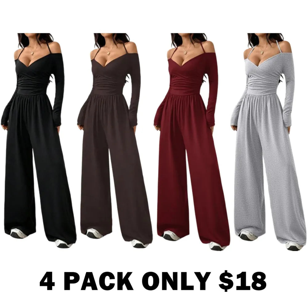 Women's Solid Color Off-Shoulder Ruched Wide Leg Casual Jumpsuit