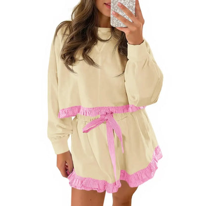 Women's 2 Piece Lounge Sets Ruffle Color Block Cropped Sweatshirts
