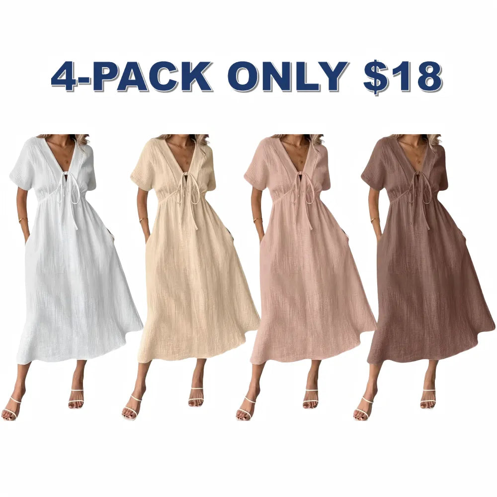 Women's Summer Solid Color V-Neck Cotton Dress