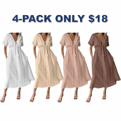 Women's Summer Solid Color V-Neck Cotton Dress