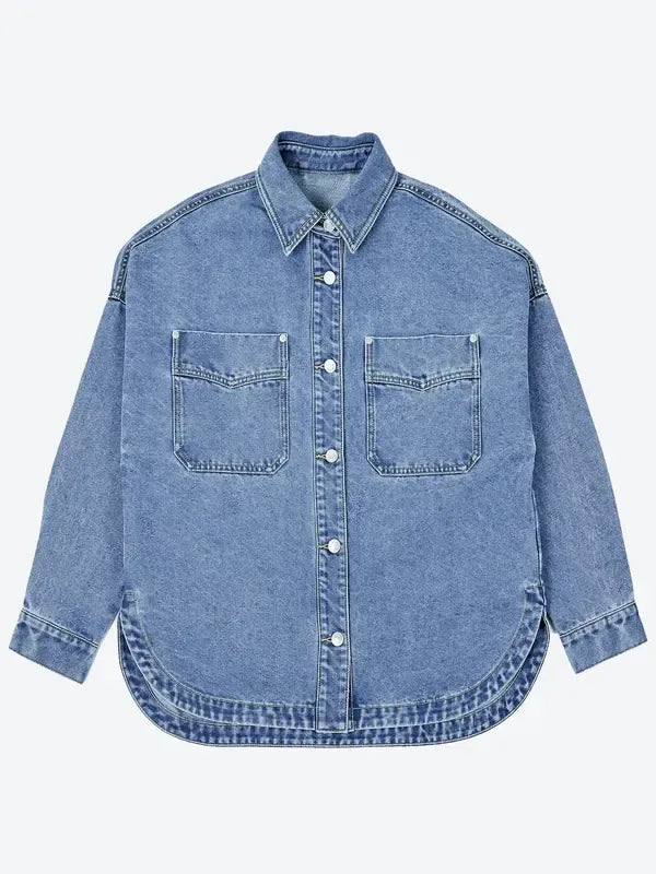 Women's Plain Button Front Drop Shoulder Curved Hem Denim Jacket