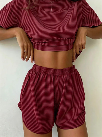 Women's Striped Print Drop Shoulder Tee & Wrap Split Shorts Pyjama Set