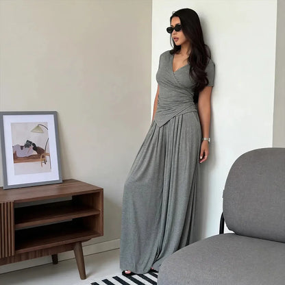 V Neck Wrap Top & High Waist Wide Leg Pants Set