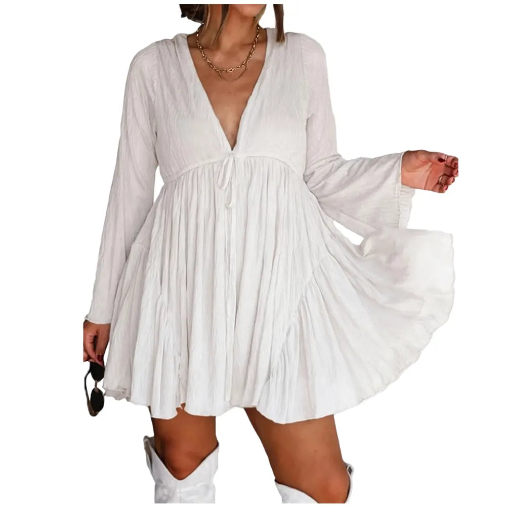 Women's V Neck Long Sleeve Mini Dress