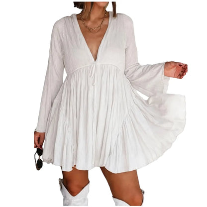 Women's V Neck Long Sleeve Mini Dress
