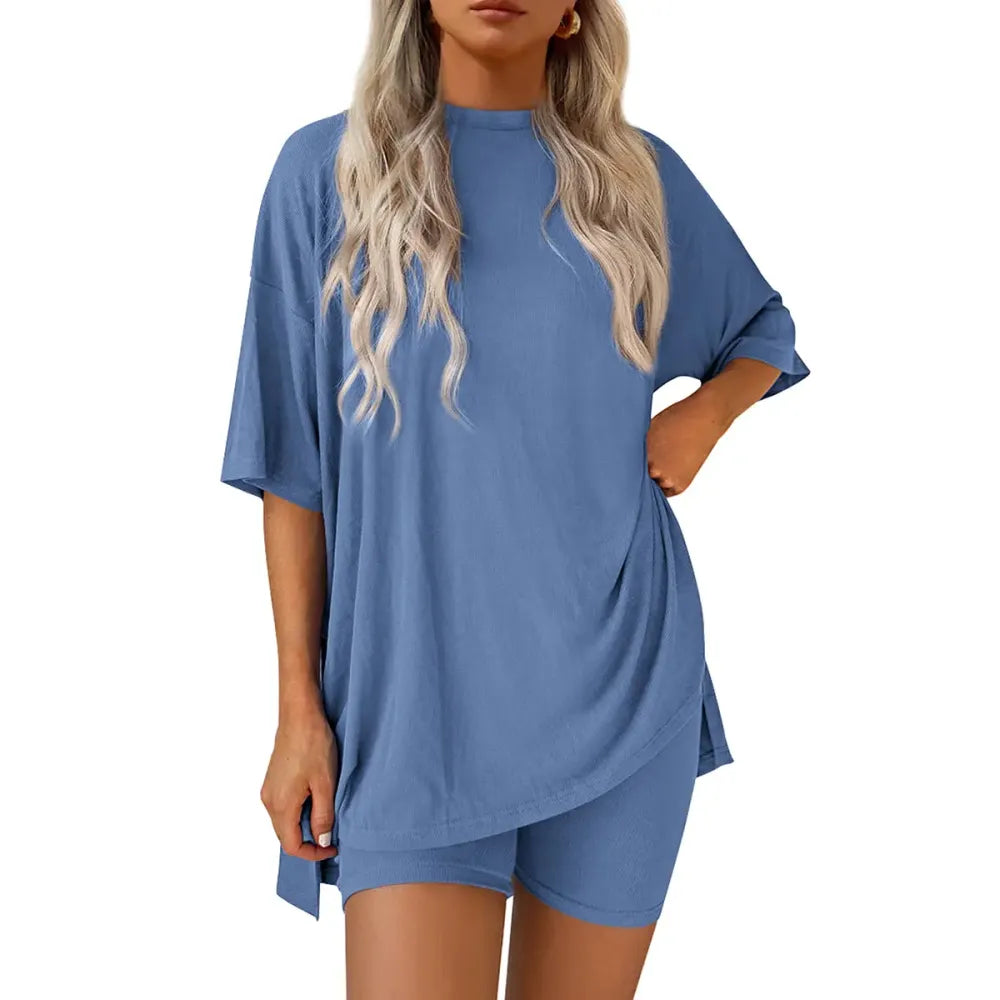 Women's two-piece set: slit-hem shirt paired with shorts