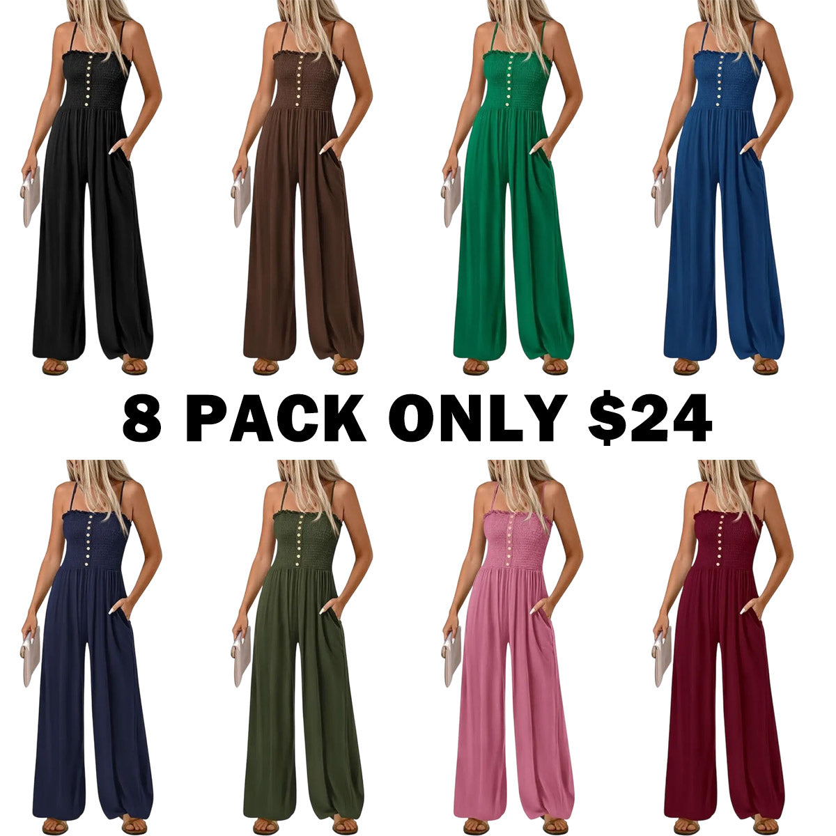 Jumpsuits for Women Summer Sleeveless Smocked Button Wide Leg Rompers