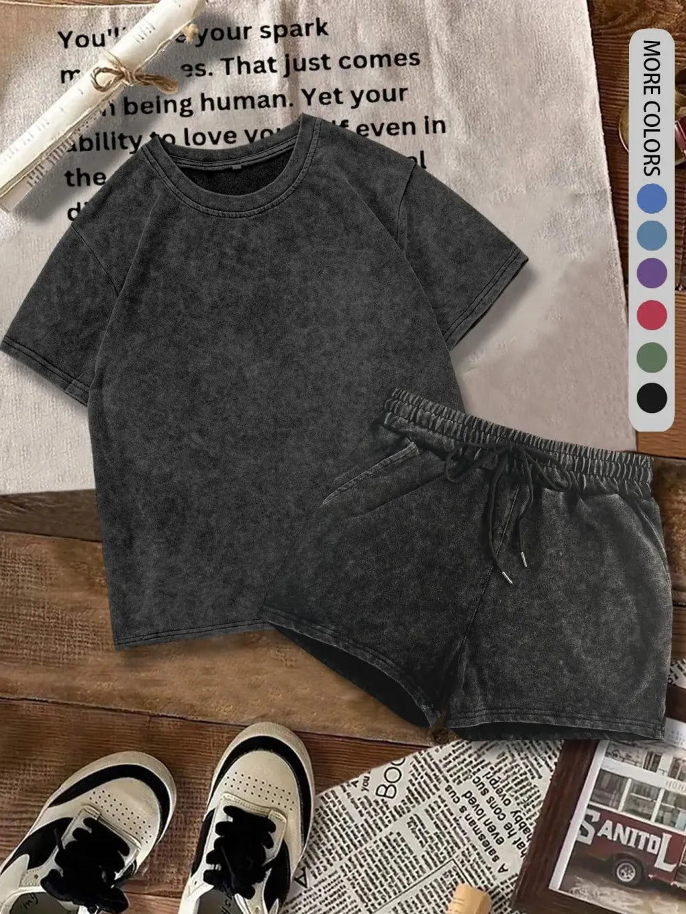 Two-piece Set Women's Solid Color Denim-effect Print Tee & Shorts