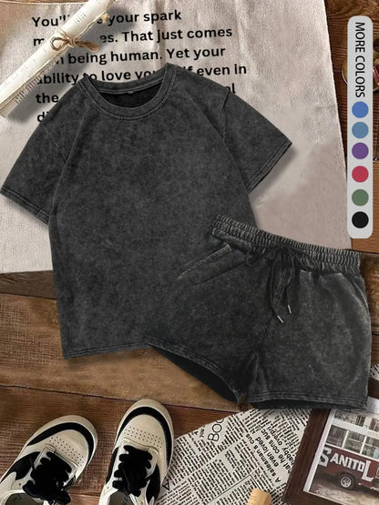 Two-piece Set Women's Solid Color Denim-effect Print Tee & Shorts