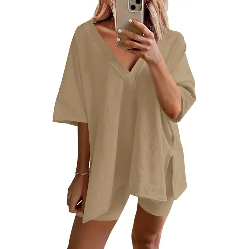 Women's Two-Piece Pajama Set Casual Oversized V Neck Split Hem Shirts