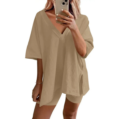 Women's Two-Piece Pajama Set Casual Oversized V Neck Split Hem Shirts