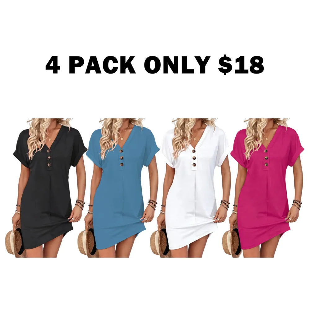 Women's Plain Button V Neck Tee Dress