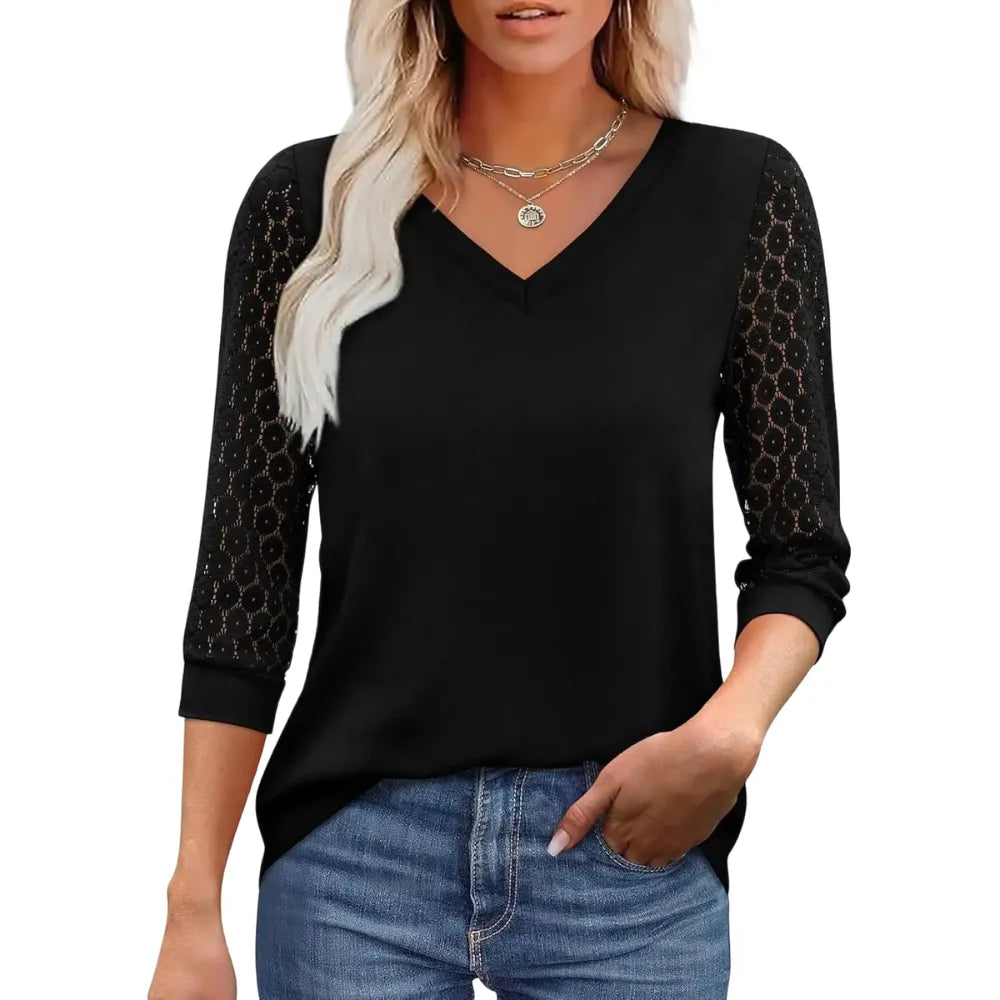 3/4 Long Sleeve V-Neck Lace Tunic