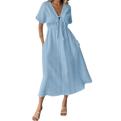 Women's Summer Solid Color V-Neck Cotton Dress