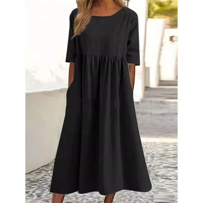 Cotton and Linen Casual Short Sleeve Pocket Dress