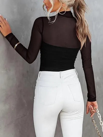 Women’s Long Sleeve Sheer Mesh Ruched Going Out Bodysuits Tops
