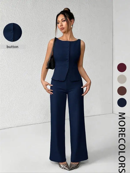 Women's Solid Button Front Tank Top & Wide Leg Pants Set