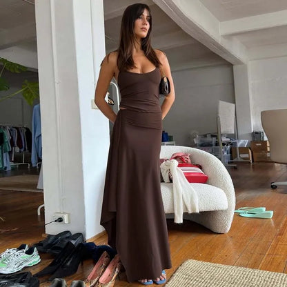 Solid-Color Sleeveless Backless Tie-Strap Camisole and Slim-Fit Side-Slit Maxi Skirt Two-Piece Set