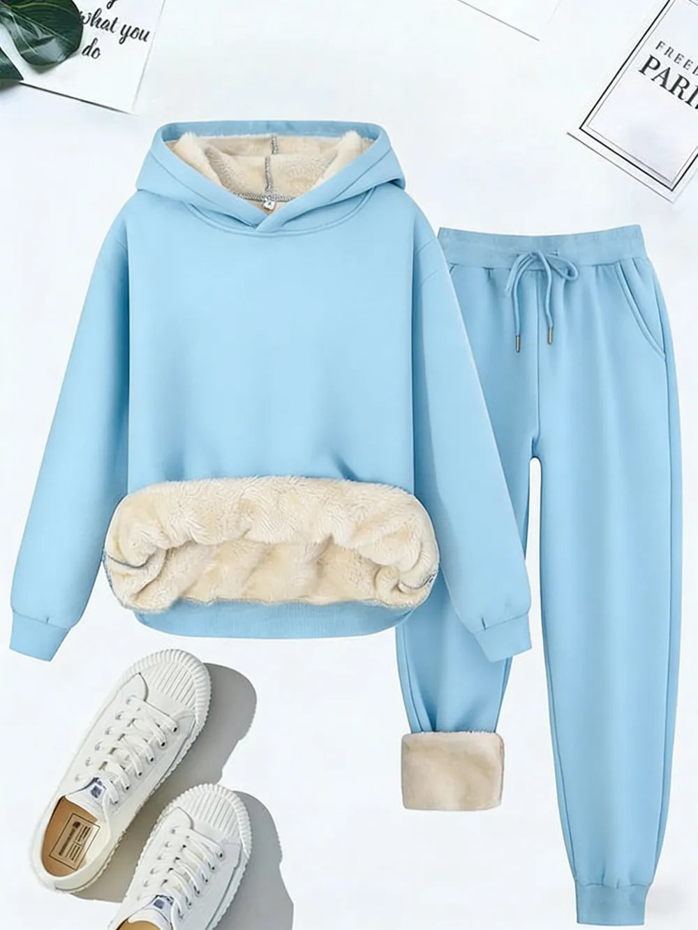 Women's Thermal Lined Solid Color Hoodie & Drawstring Waist Pants Two-piece Set
