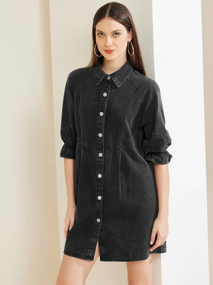 3/4 Lantern Sleeve Babydoll Mini Jean Denim Shirt Dress