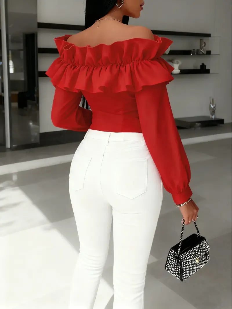 Women's Long Sleeve One Shoulder Ruffle Slim Fit Shirt Blouse