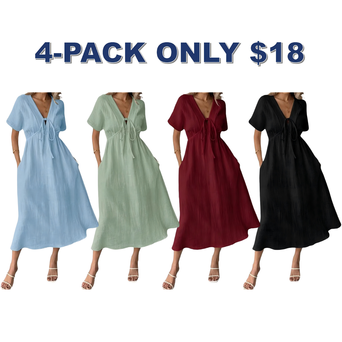 Women's Summer Solid Color V-Neck Cotton Dress