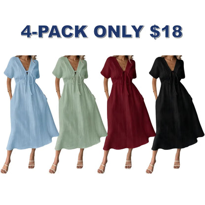 Women's Summer Solid Color V-Neck Cotton Dress