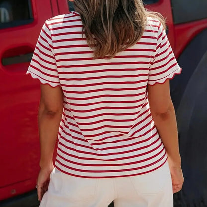Women's Top Stripe Scalloped Trim Round Neck T Shirt
