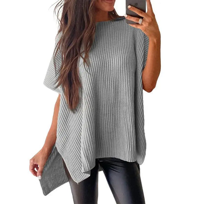 Women’s Oversized Knit Top – Casual Crew Neck Short Sleeve Sweater with Side Slit