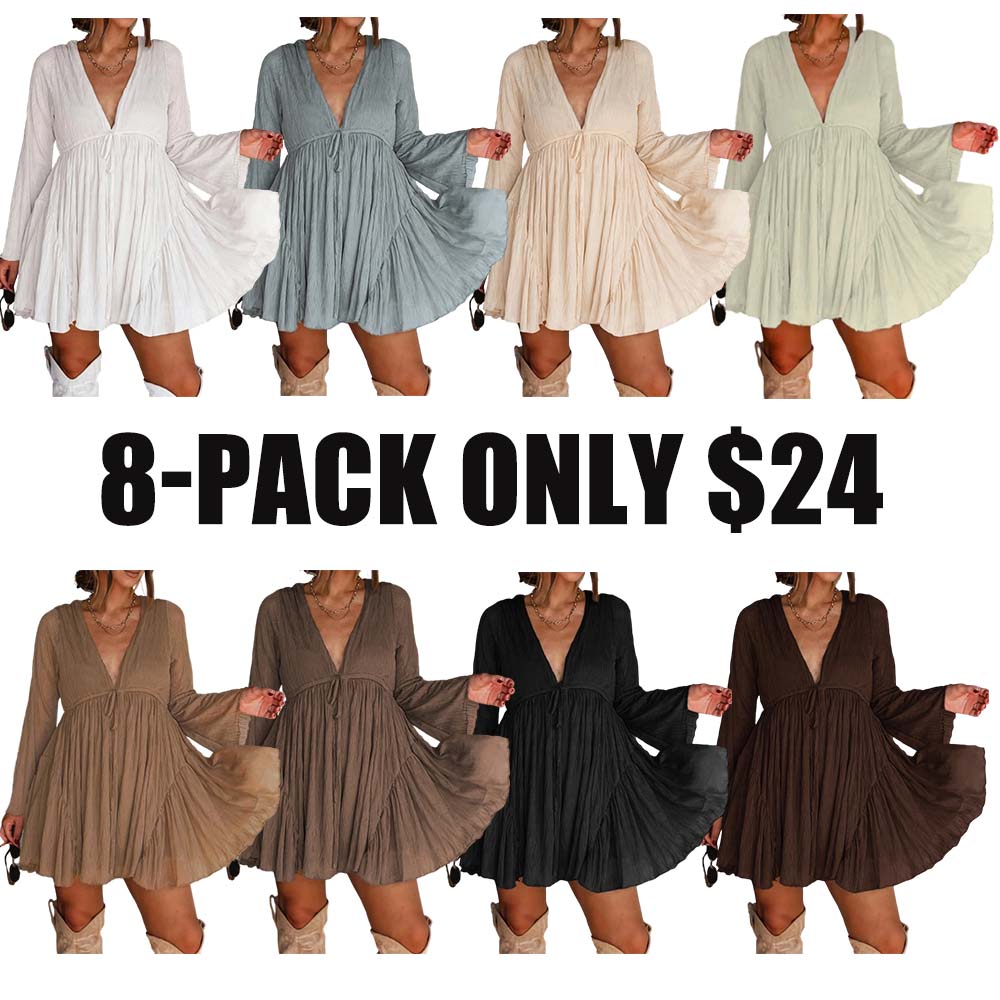 Women's V Neck Long Sleeve Mini Dress