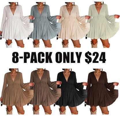 Women's V Neck Long Sleeve Mini Dress