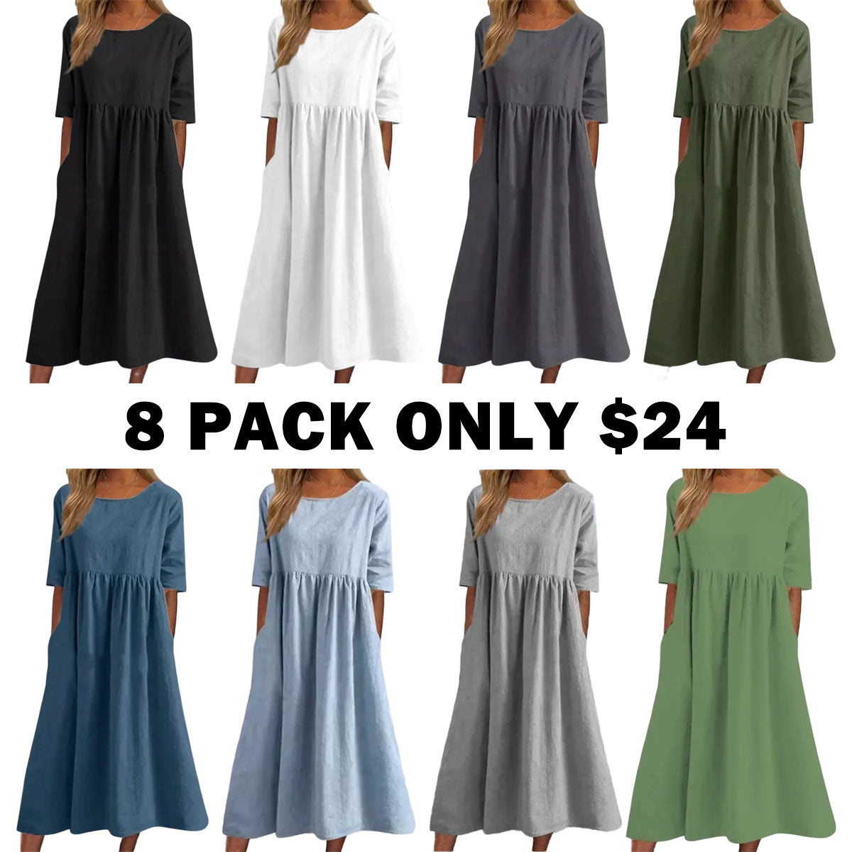 Cotton and Linen Casual Short Sleeve Pocket Dress