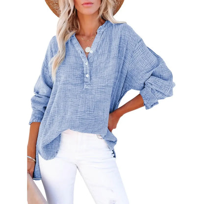 Women's Casual Button V Neck Long Sleeve Shirts
