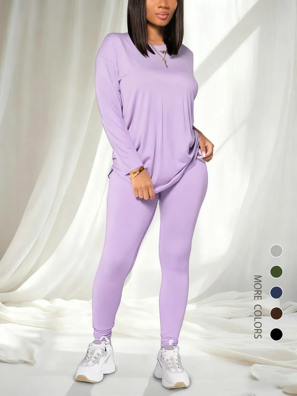 Women's Solid Drop Shoulder Tee & Elastic Waist Skinny Pants Two-piece Set