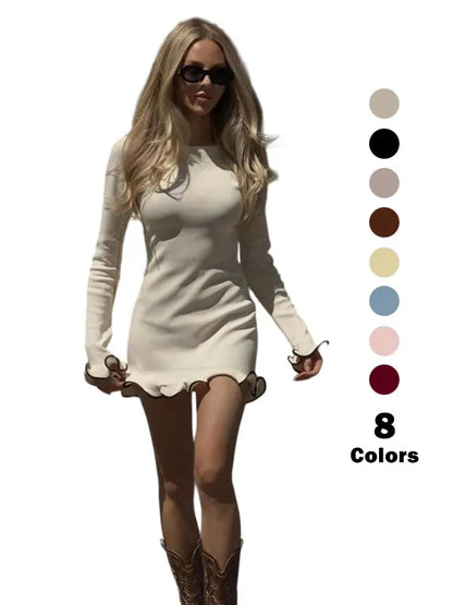Colorblock Wave Hem A-Line Long Sleeve Knit Dress