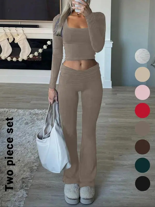 Solid Color Square Neck Crop Tee & Flare Leg Pants Two-Piece Set