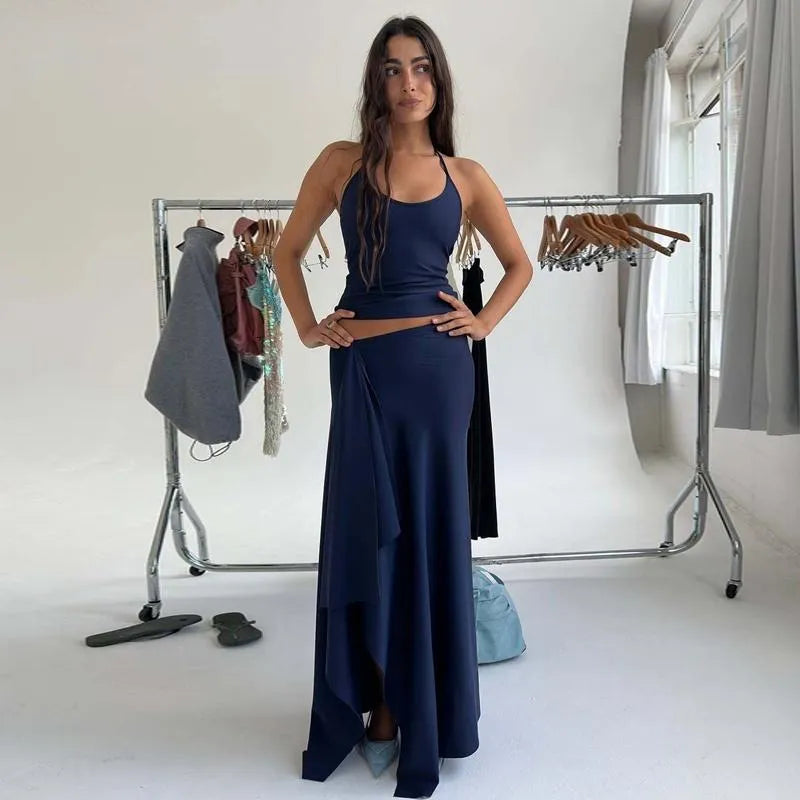 Solid-Color Sleeveless Backless Tie-Strap Camisole and Slim-Fit Side-Slit Maxi Skirt Two-Piece Set