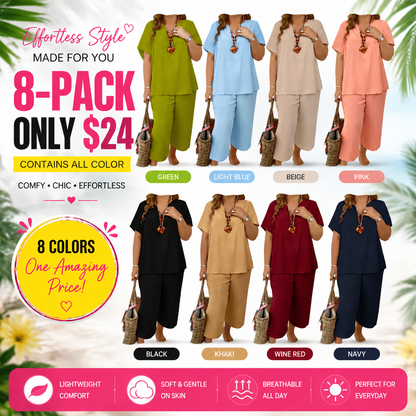 Women's Solid Short Sleeve Top & Loose Wide Leg Pants 2-Piece Set