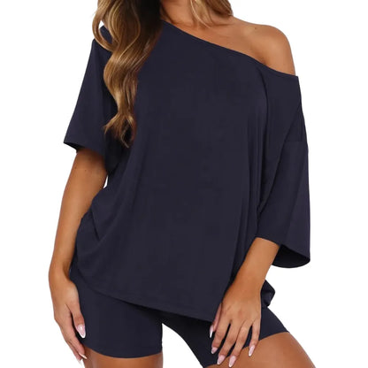 Women’s Casual Two Piece Lounge Set Off Shoulder Top & Fitted Shorts Springtok SpringStatements