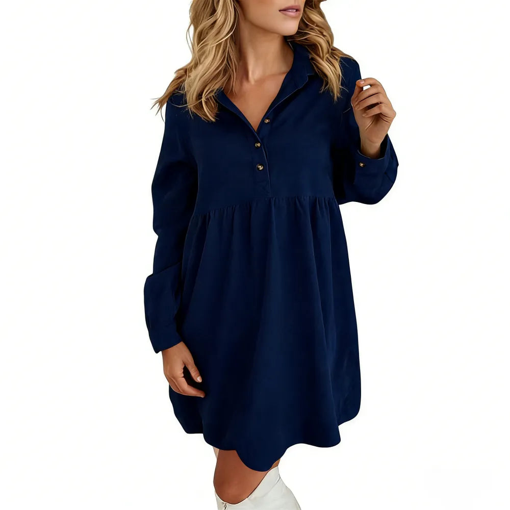 Women's Corduroy Half Button Collared Mini Dress with Pocket