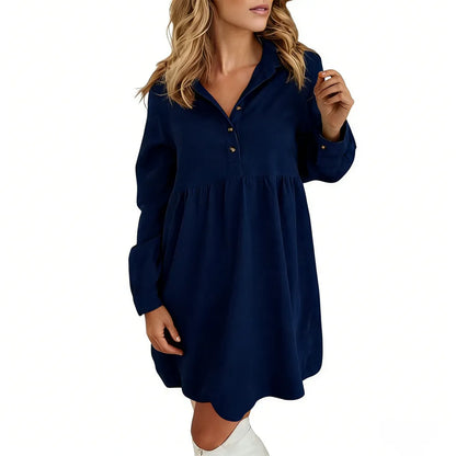 Women's Corduroy Half Button Collared Mini Dress with Pocket