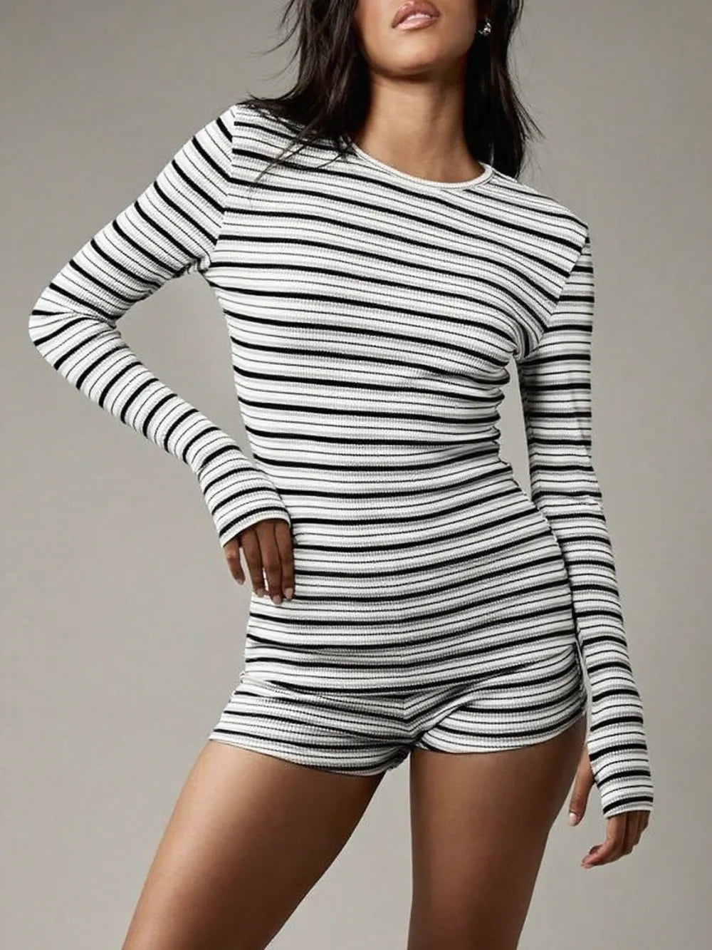 Women's Striped Knit Casual Long Sleeve Top & High Waist Elastic Sporty Shorts Set
