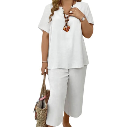 Women's Solid Short Sleeve Top & Loose Wide Leg Pants 2-Piece Set