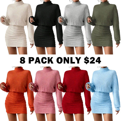 Women's Plain Drop Shoulder Turtleneck Ribbed Dress