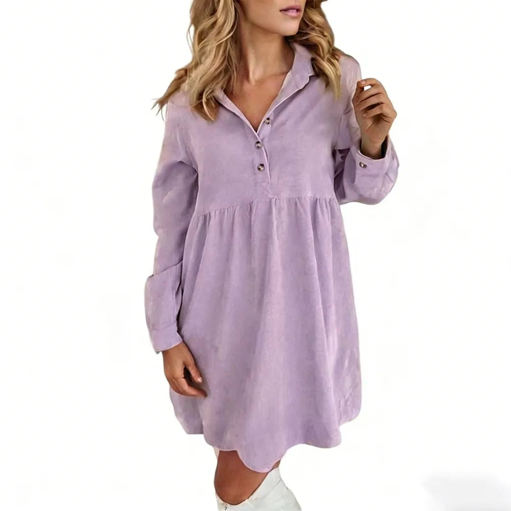 Women's Corduroy Half Button Collared Mini Dress with Pocket