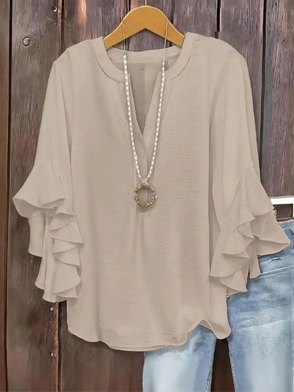 Plus Size Women's Ruffle Sleeve Notched-Neck Fitted Blouse