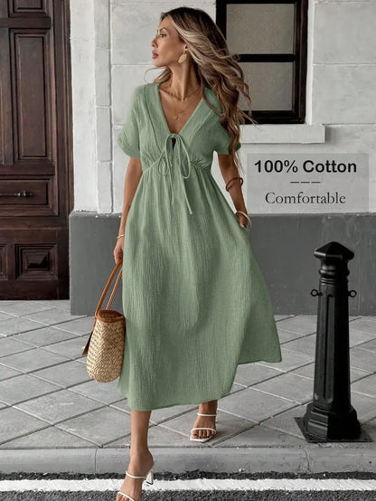 Women's Summer Solid Color V-Neck Cotton Dress