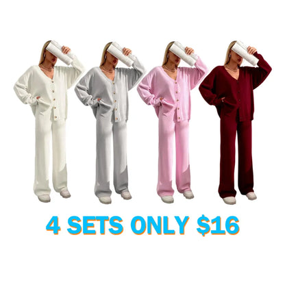 Women's Solid V Neck Cardigan & Elastic Waist Wide Leg Pants Two-piece Set
