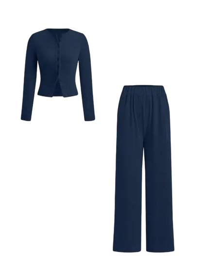 Two-piece Set Women's Solid Button Front Ribbed Crop Top & Elastic Waist Pants