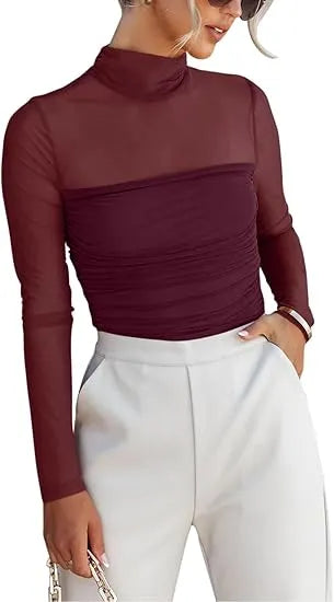Women’s Long Sleeve Sheer Mesh Ruched Going Out Bodysuits Tops